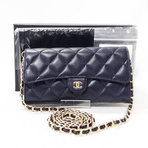 CHANEL Caviar Skin Matelasse Long Wallet Navy Blue Chain